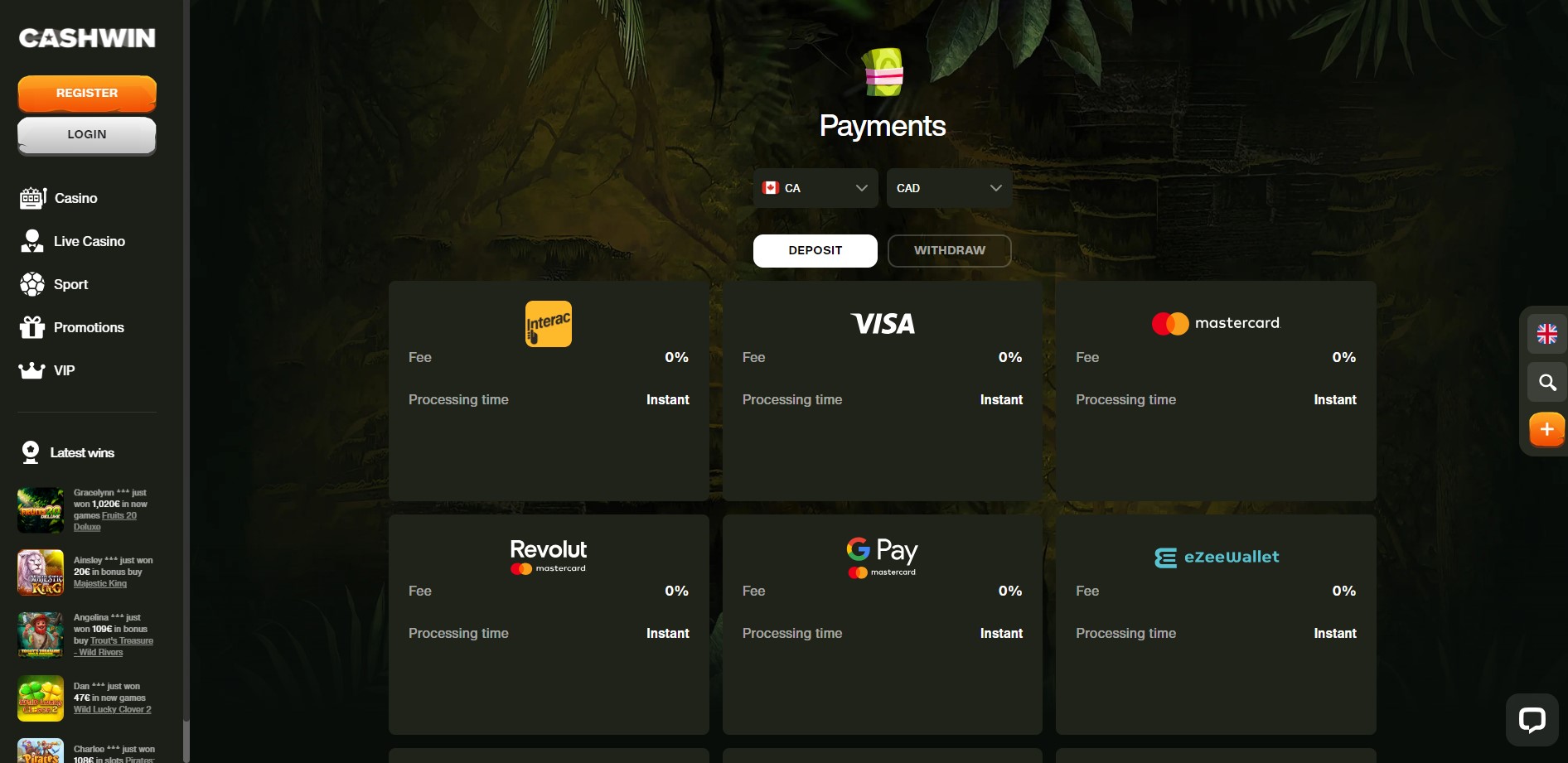 Cashwin Payment Methods