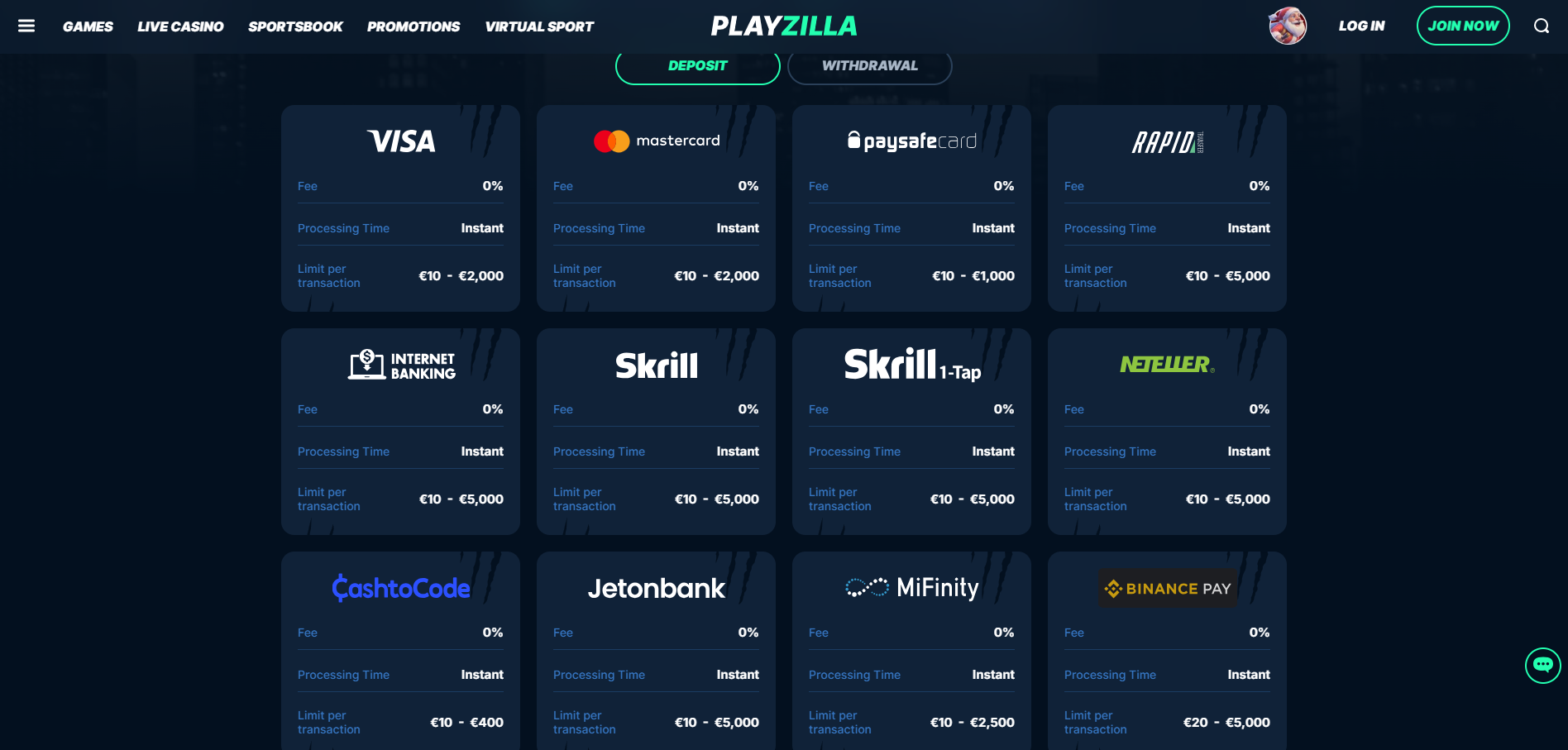 Playzilla Payment Methods