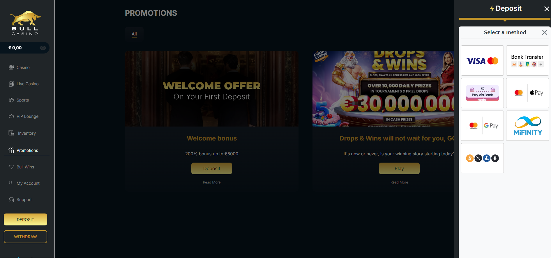 BullCasino Payment Methods