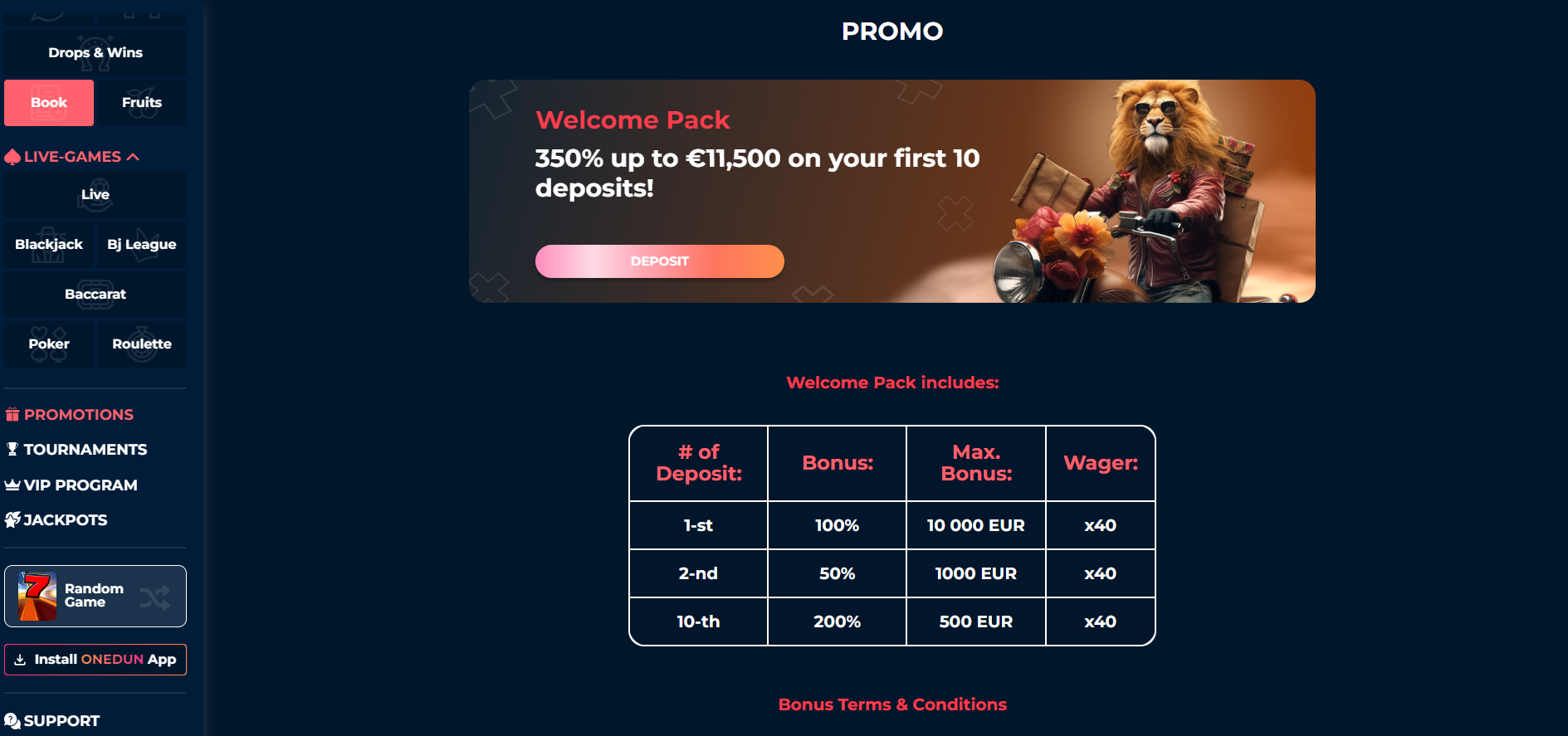 Onedun Casino Welcome Bonus