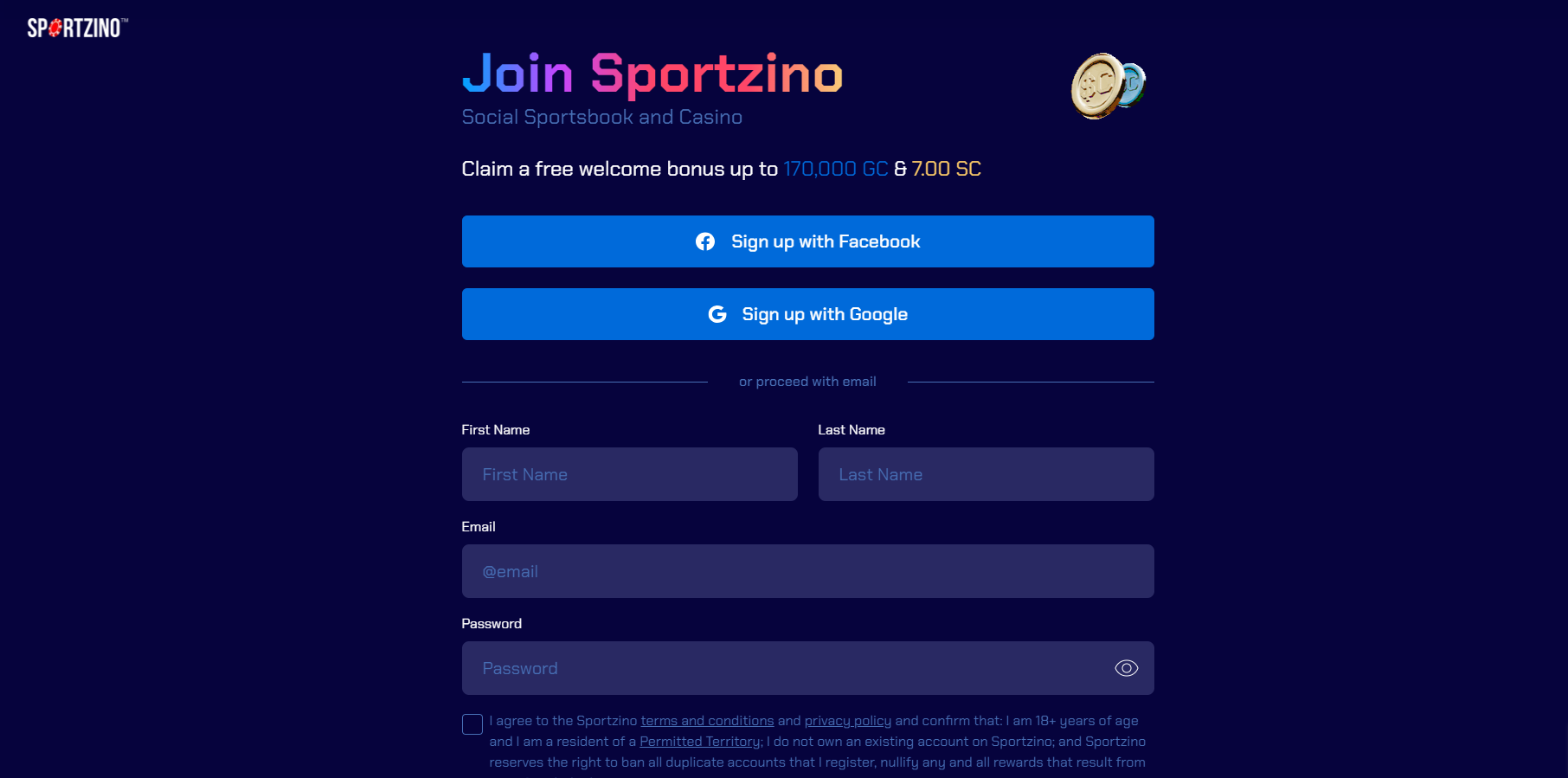 Sportzino Sign Up Page