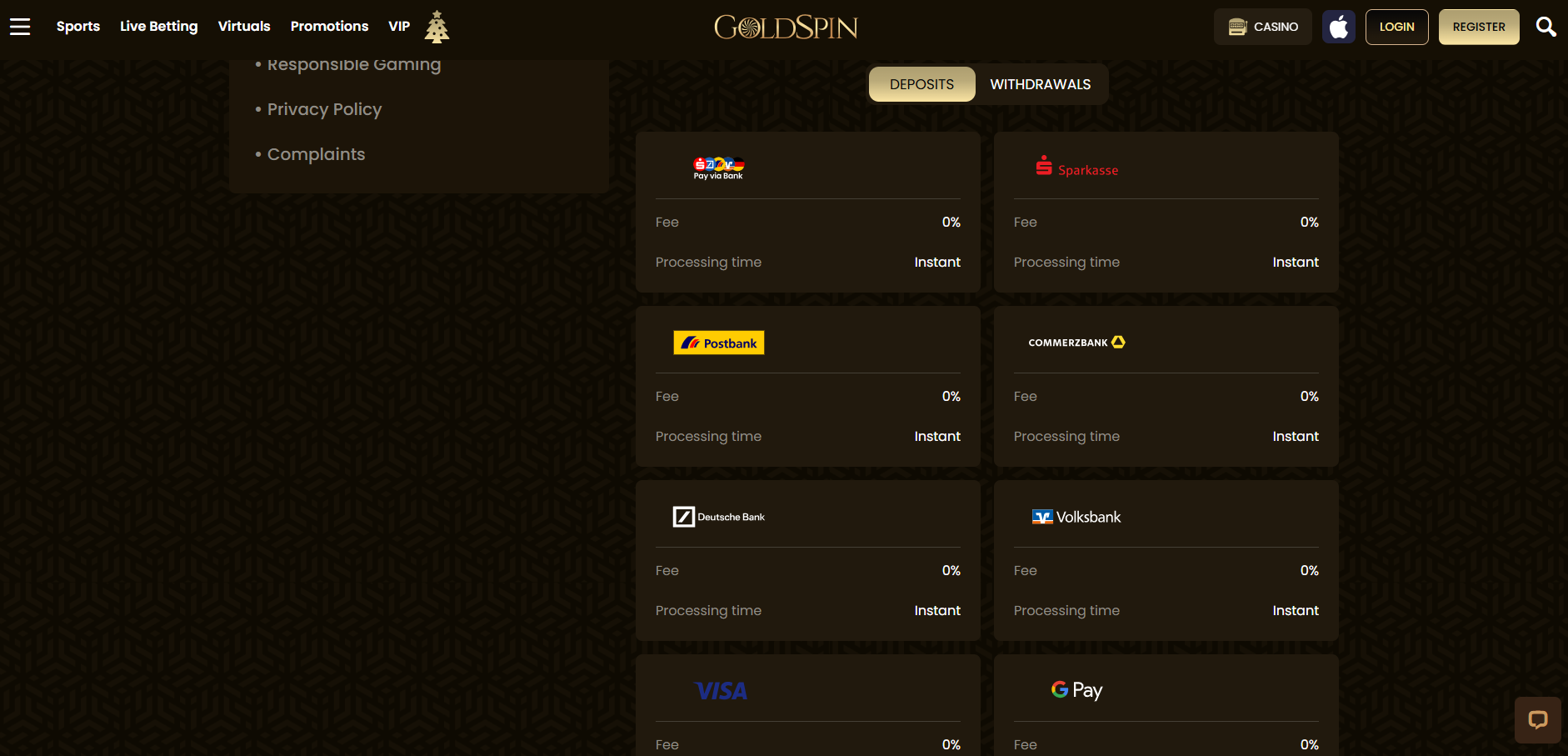 Goldspin Payment methods