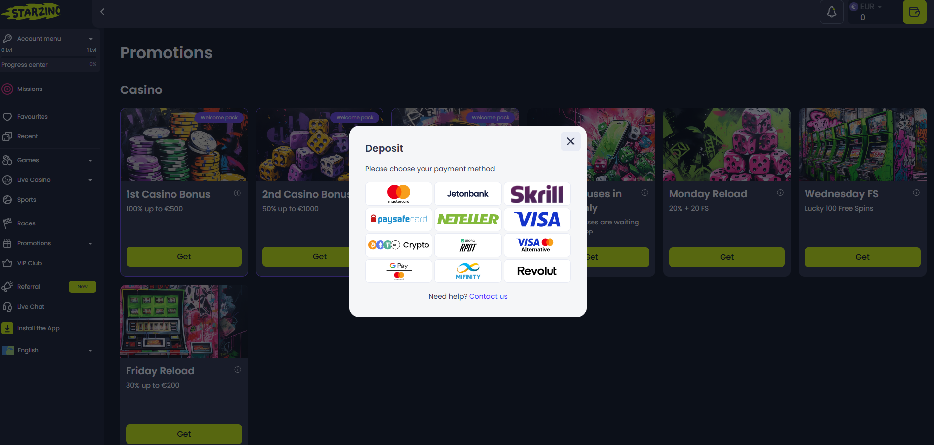 Starzino Payment Methods