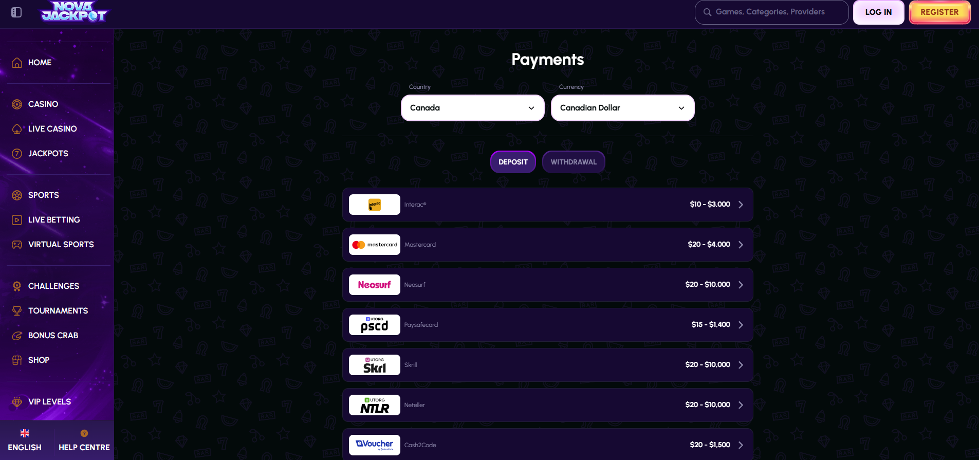 NovaJackpot payment methods