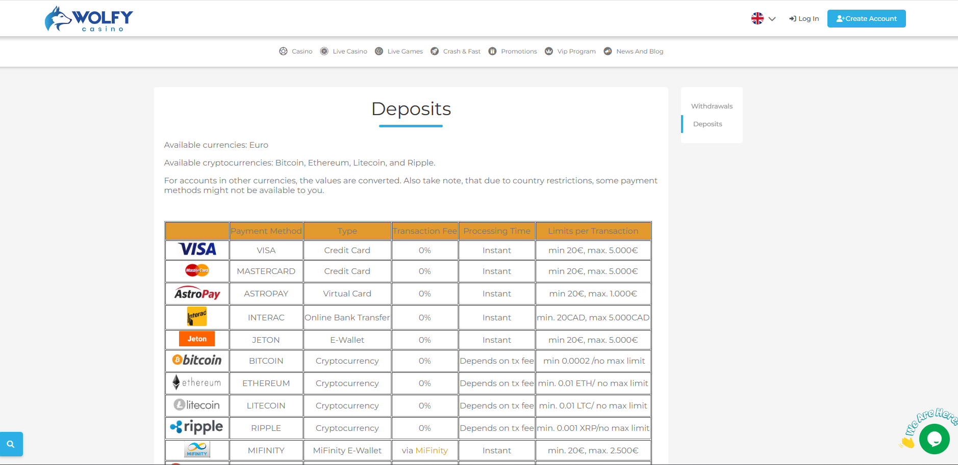 Wolfy Casino Payment Methods