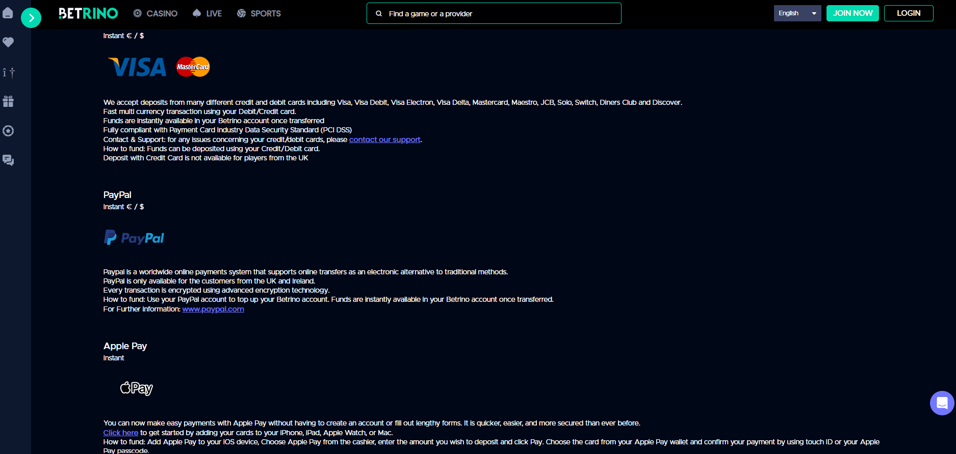 Betrino Payment Methods