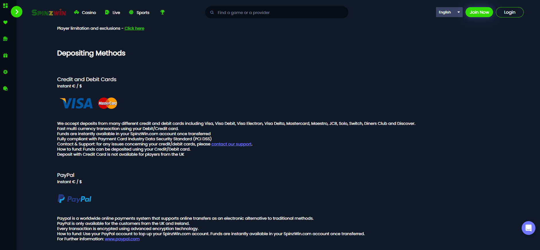 Spinzwin Payment Methods