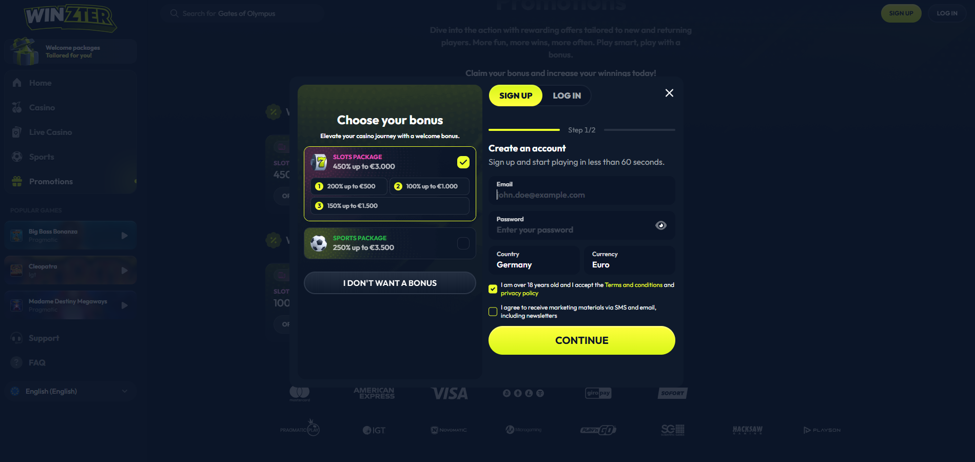 Winzter Casino Welcome Bonus