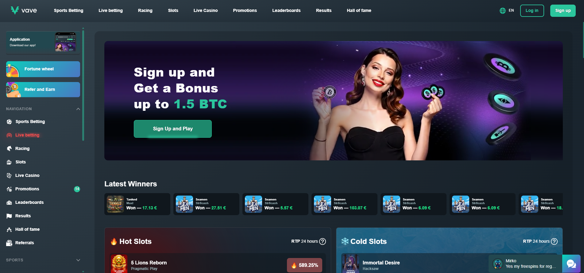 Vave Crypto Casino Home Page
