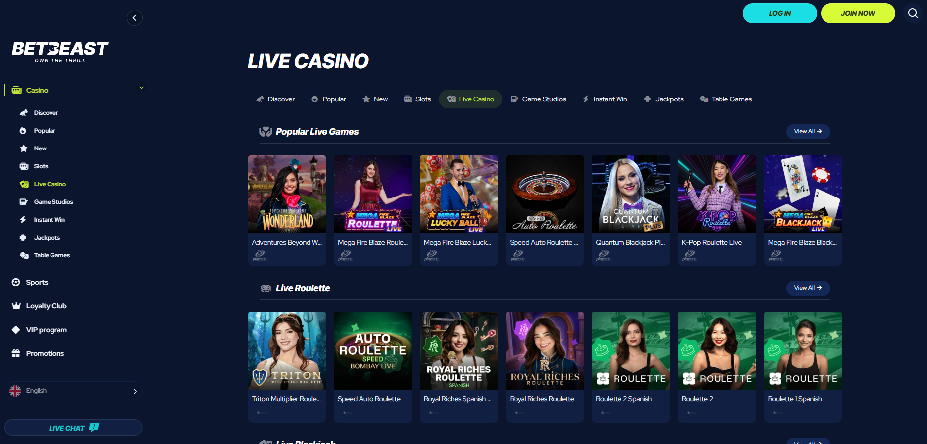 Betbeast Live Casino New