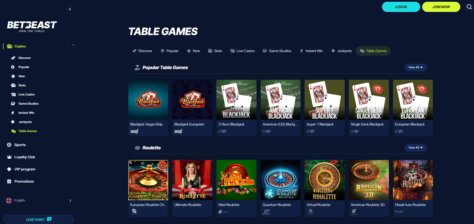 Betbeast Tables Games