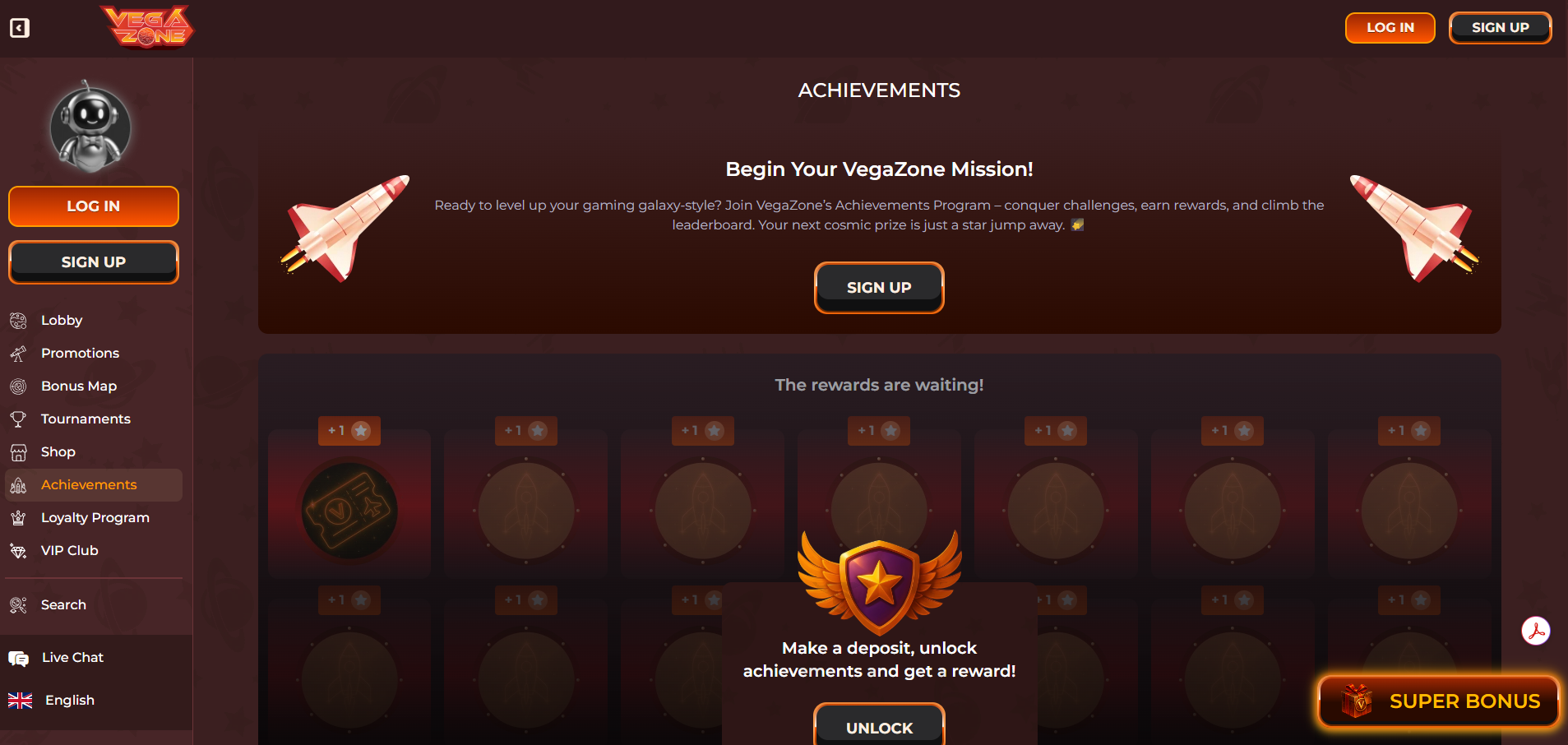 Vegazone Casino Achievements