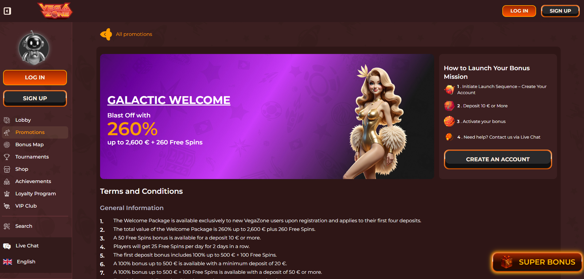 Vegazone Casino Welcome Bonus