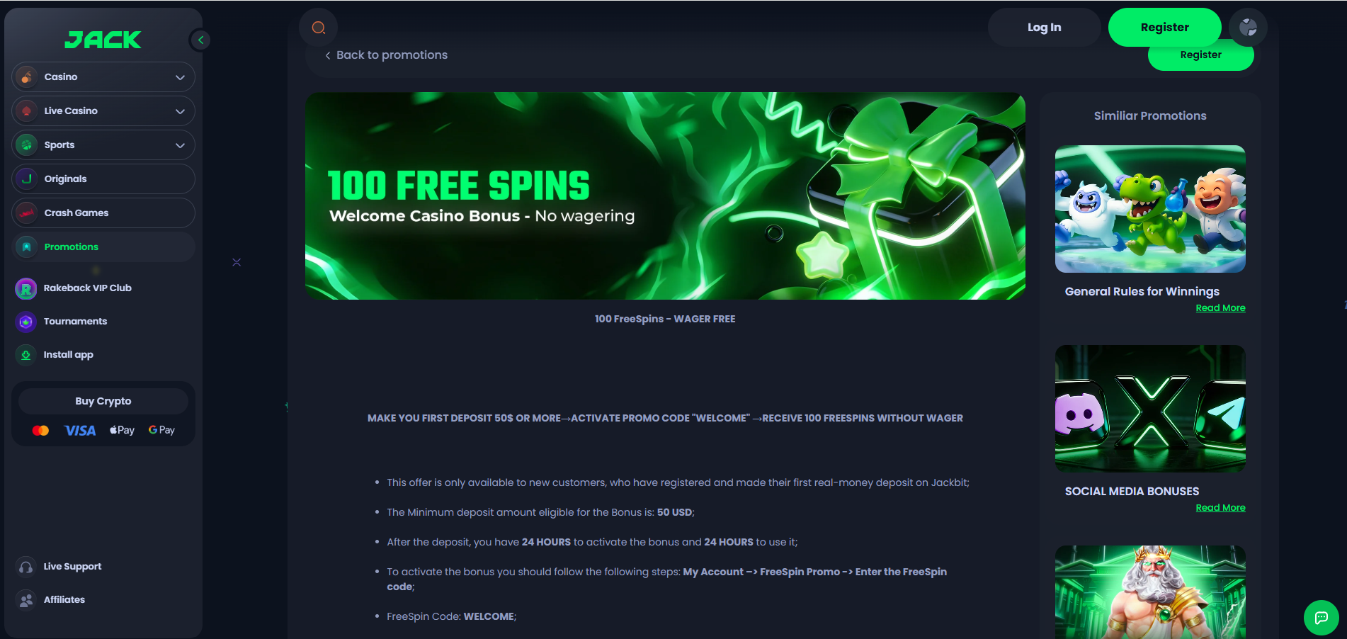 Jack 100 Free Spins No Wagering