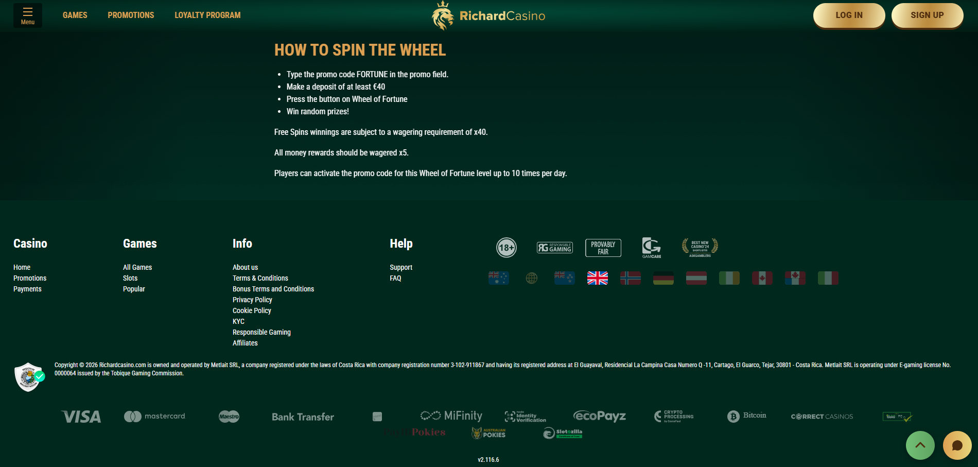 Richard Casino Payment Methods