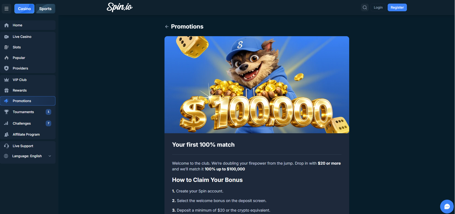 Spin io Casino Bonus