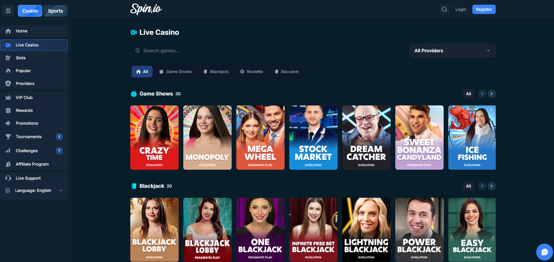 Spin io live casino