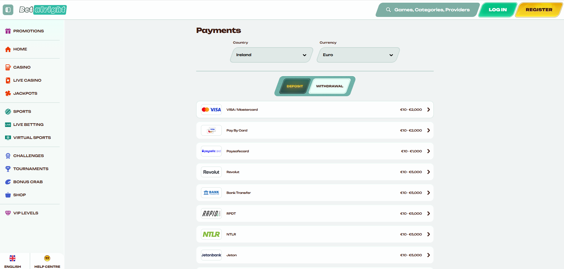 BetAlright Payment Methods