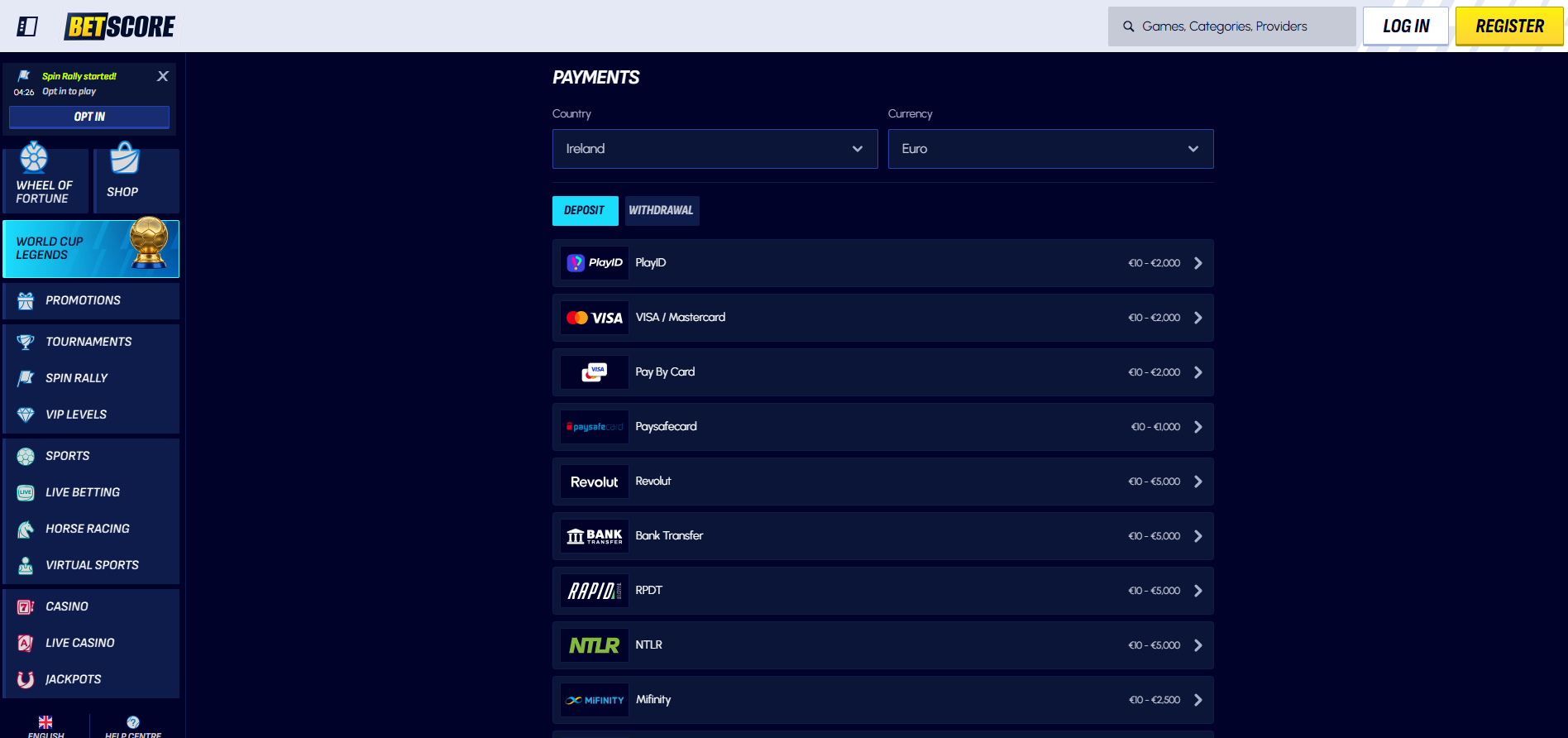 Betscore Payment Methods