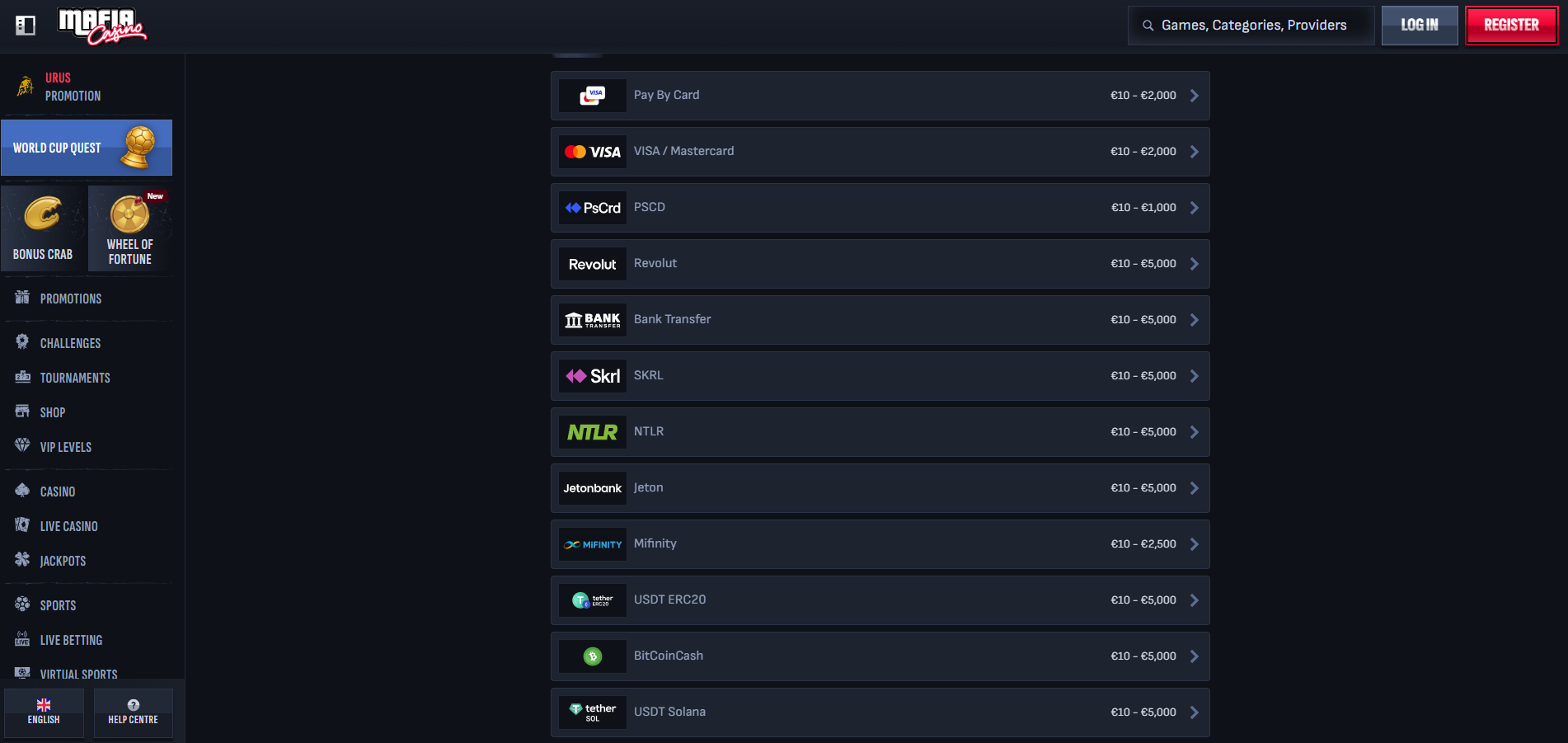 Mafia Casino Payment Methods