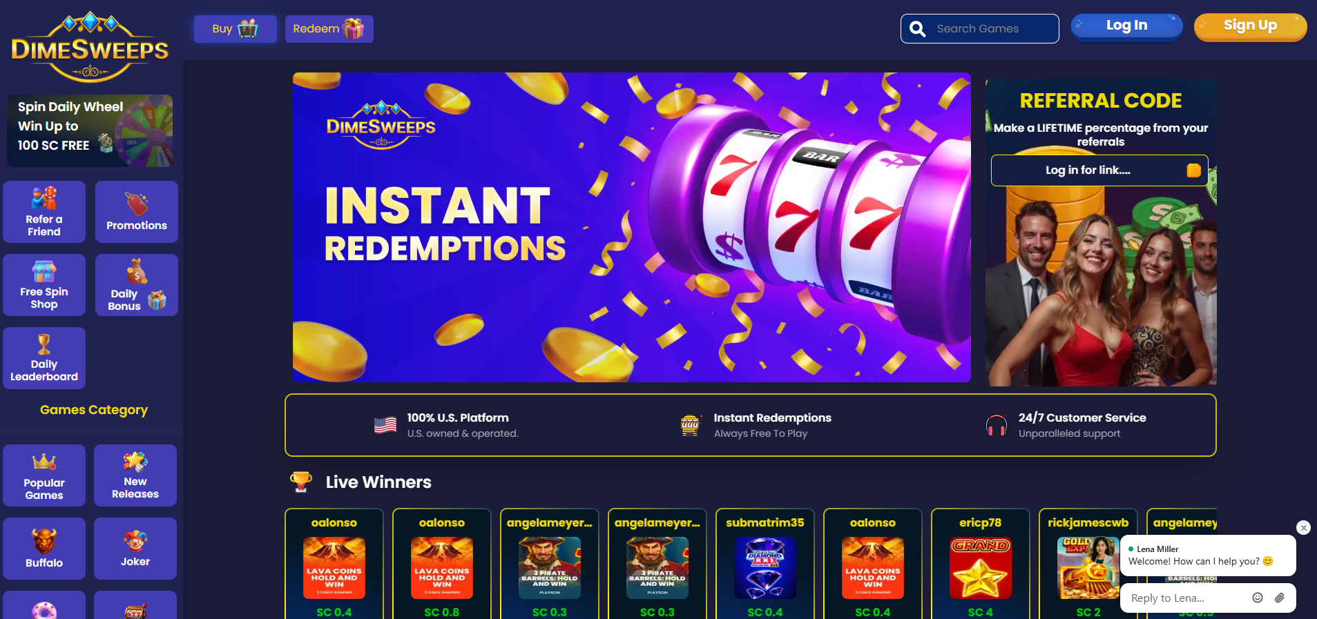 Dimesweeps Casino Home Page